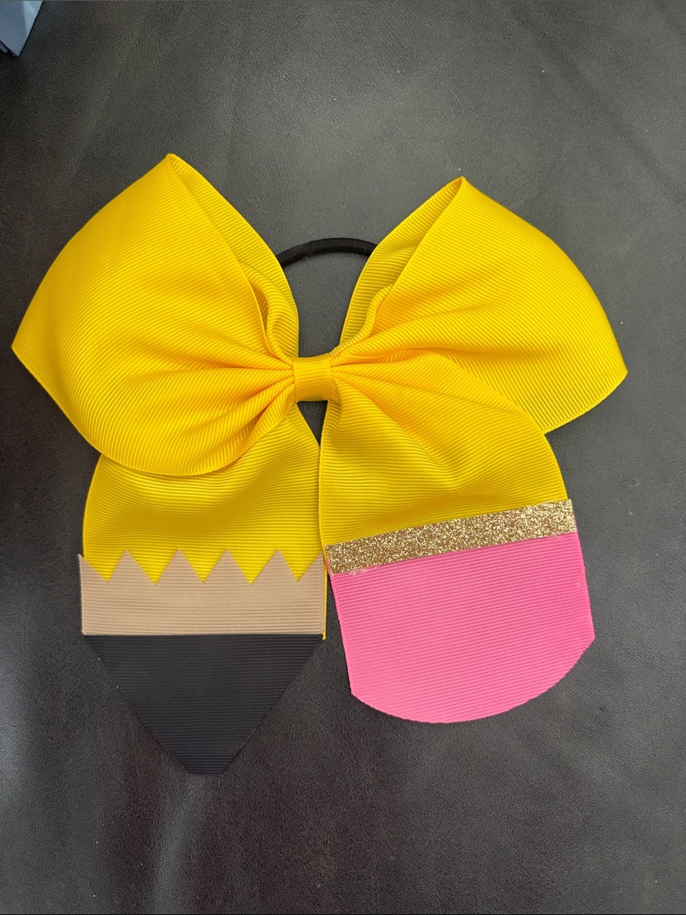 Yellow Kids Hair Bow with Pink & Black Pencil Accent